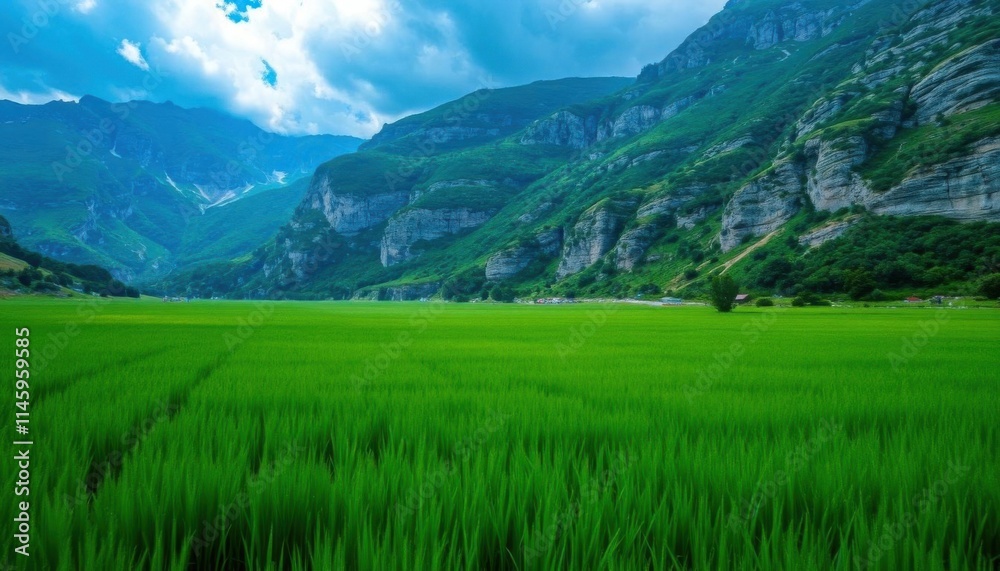 a view of a green field with mountains in the background a view of a green field with mountains in the background