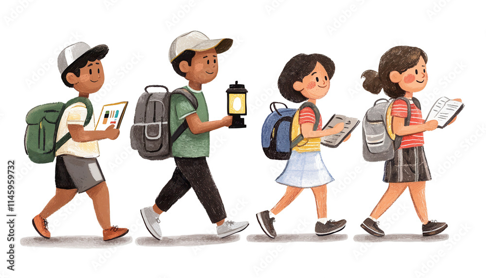 Children walking with backpacks urban park illustration transparent background joyful atmosphere Children walking with backpacks urban park illustration transparent background joyful atmosphere