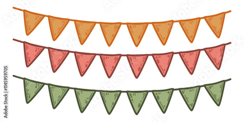 Trio of colorful bunting strings in orange, red, and green hues. Vector set illustration in simple cartoon style festive decor ideal for woodland or rustic-themed celebrations