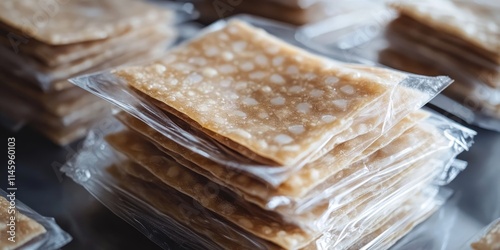 Rengginang packed in a plastic bag. Rengginang is a popular thick cracker crafted from glutinous rice, offering a unique texture and taste that makes it a delightful snack option. photo