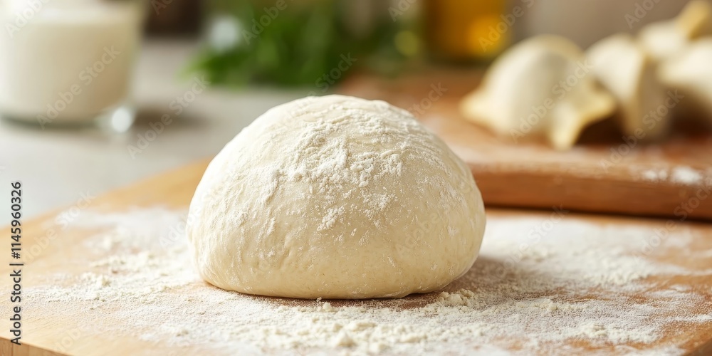 Close up view of a homemade raw white dough ball on a cooking surface, perfect for creating delicious dough for pizza, pasta, or potstickers. This raw dough is versatile for various dishes. Close up view of a homemade raw white dough ball on a cooking surface, perfect for creating delicious dough for pizza, pasta, or potstickers. This raw dough is versatile for various dishes.