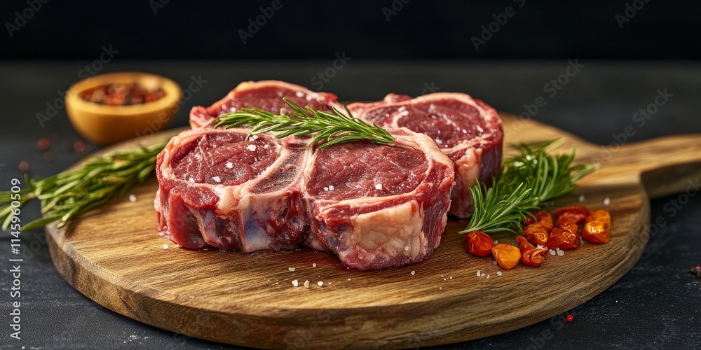 Raw boneless beef shank displayed on a wooden serving board, showcasing the freshness and quality of uncooked beef shank. Perfect for culinary preparations involving tender beef shank. Raw boneless beef shank displayed on a wooden serving board, showcasing the freshness and quality of uncooked beef shank. Perfect for culinary preparations involving tender beef shank.