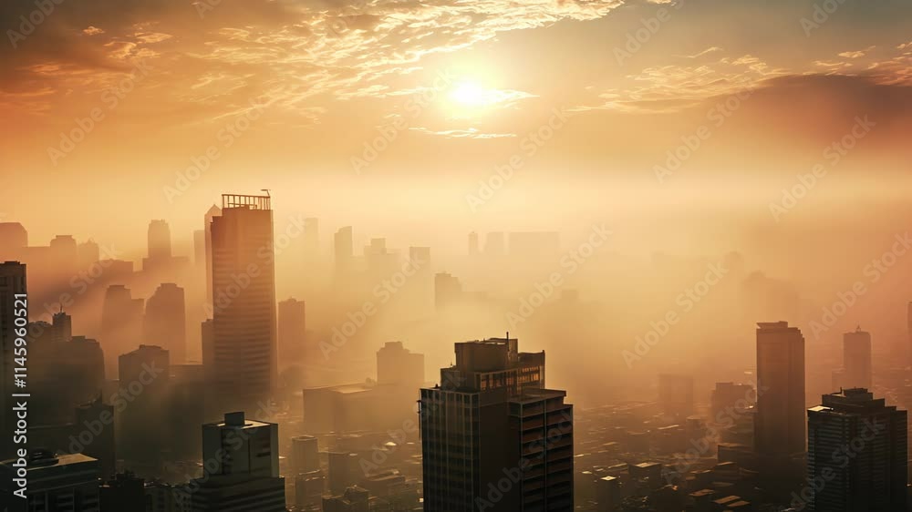 landscape of the city shrouded in smog at sunset, the camera moves to the right side