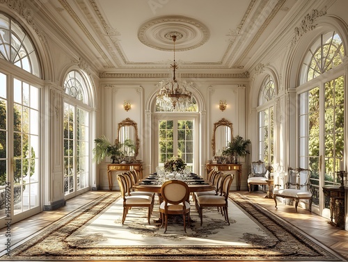 Dining room interior elegant victorian decor wooden dining table surrounded highbacked chairs large windows and chandelier lighting the room photo