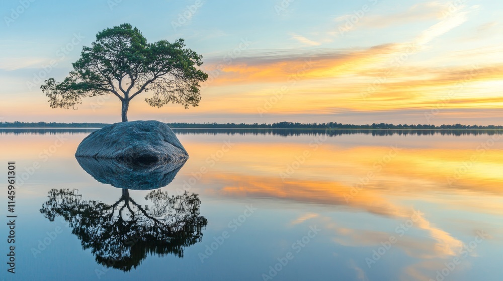 Fototapeta premium Tree and rock reflected in a tranquil lake at sunset, capturing the serene beauty of nature with a tree and a rock enhancing the picturesque landscape during the golden hour.