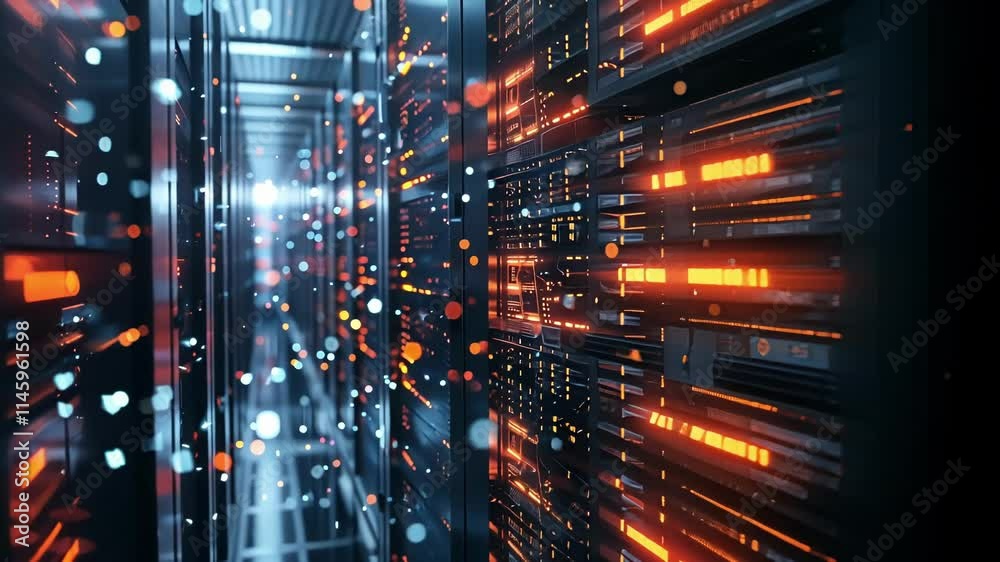 Futuristic server room featuring bokeh and light effects, processing big data and showcasing the power of modern cloud computing and digital network infrastructure
