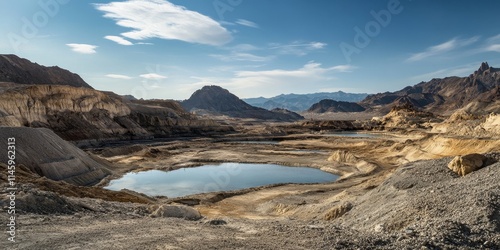 Overlooking a desolate mine complex featuring leeching ponds, this image captures the unique desert landscape characterized by the rugged beauty of the mountains and the remnants of industry. photo