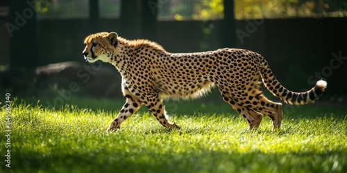 Cheetah s upper body seen in the shade, gracefully walking to the left at a breeding center. The cheetah exudes elegance and power in this captivating moment. Cheetah energy is unmatched. photo