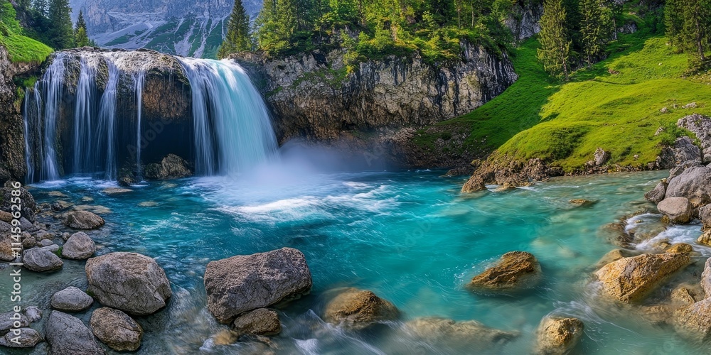 Naklejka premium Stunning Lechfall waterfall cascading into the Lech river, showcasing the purest turquoise blue water, creating a breathtaking natural spectacle of the Lech river s beauty.