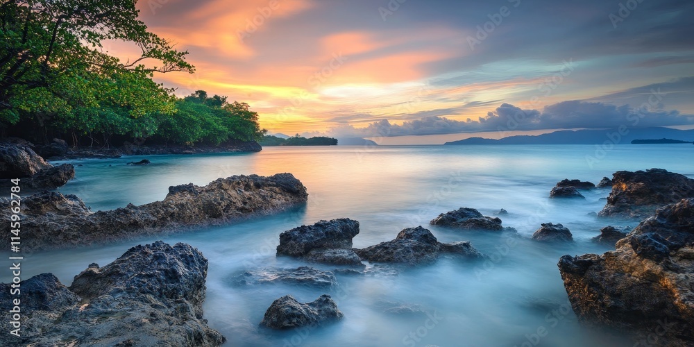 Tropical rocky beach at sunrise showcases a serene atmosphere, enhanced by long exposure photography. The tropical rocky beach becomes even more captivating with a soft effect from the long exposure Tropical rocky beach at sunrise showcases a serene atmosphere, enhanced by long exposure photography. The tropical rocky beach becomes even more captivating with a soft effect from the long exposure