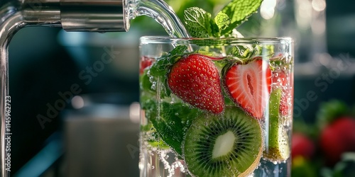 Pouring infused water featuring organic strawberries, kiwi, and fresh mint from a glass beverage dispenser, creating a refreshing drink ideal for summer hydration and flavor enhancement. photo