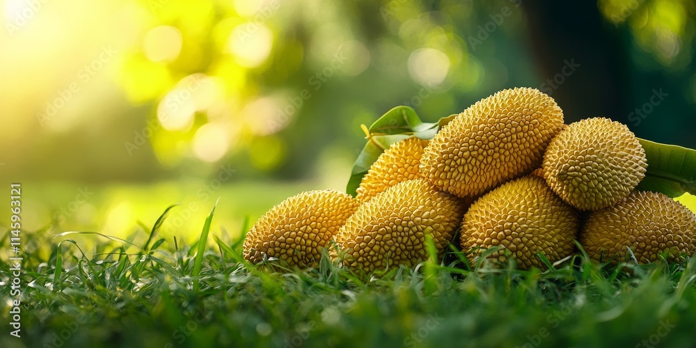 Jackfruit displayed on a grassy background, showcasing the vibrant and unique characteristics of the jackfruit. This image captures the essence of the jackfruit in a natural setting. Jackfruit displayed on a grassy background, showcasing the vibrant and unique characteristics of the jackfruit. This image captures the essence of the jackfruit in a natural setting.