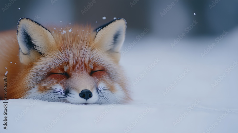 Fototapeta premium A red fox sleeping in the snow, Generative AI 