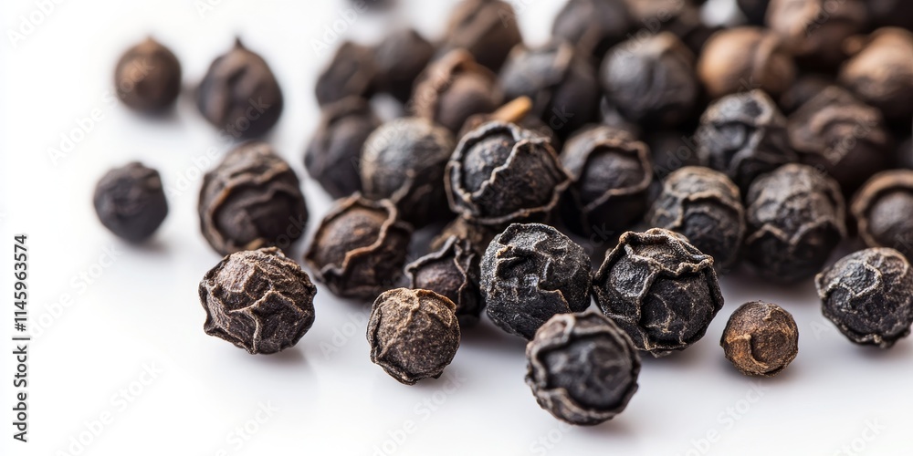 Black peppercorns arranged on a white background, showcasing the unique texture and color of black peppercorns. A close up view highlights the distinctive features of black peppercorns ideal for Black peppercorns arranged on a white background, showcasing the unique texture and color of black peppercorns. A close up view highlights the distinctive features of black peppercorns ideal for