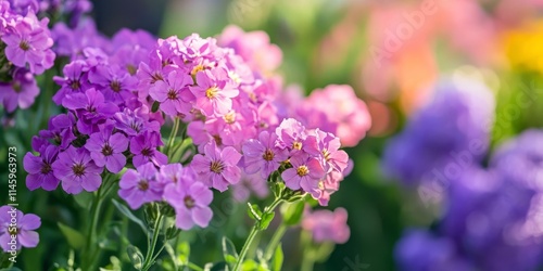 Purple and pink Dame s rocket flowers, Hesperis matronalis, flourish beautifully in the summer garden, showcasing the vibrant colors of these remarkable Dame s rocket blooms. photo