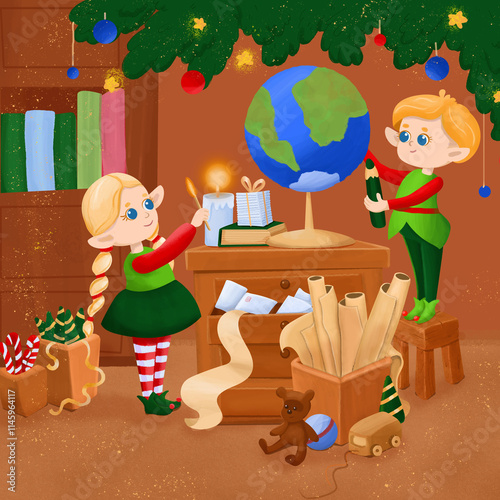 Christmas card. Little elves girl and boy are inside Santa Claus' house near a globe and a chest of drawers with maps and letters. Fairytale atmosphere.