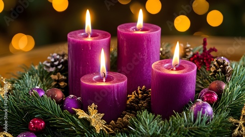 Advent Wreath with Purple Candles Burning Brightly