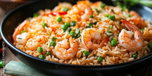 Close up shot of delicious prawn fried rice, showcasing the vibrant colors and textures of the prawn fried rice, perfect for highlighting the savory appeal of prawn fried rice dishes. photo