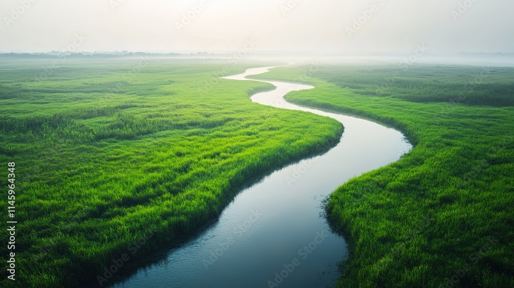 Fototapeta premium tranquil landscape with winding river flowing through green fields soft morning light gentle fog in distance minimalistic