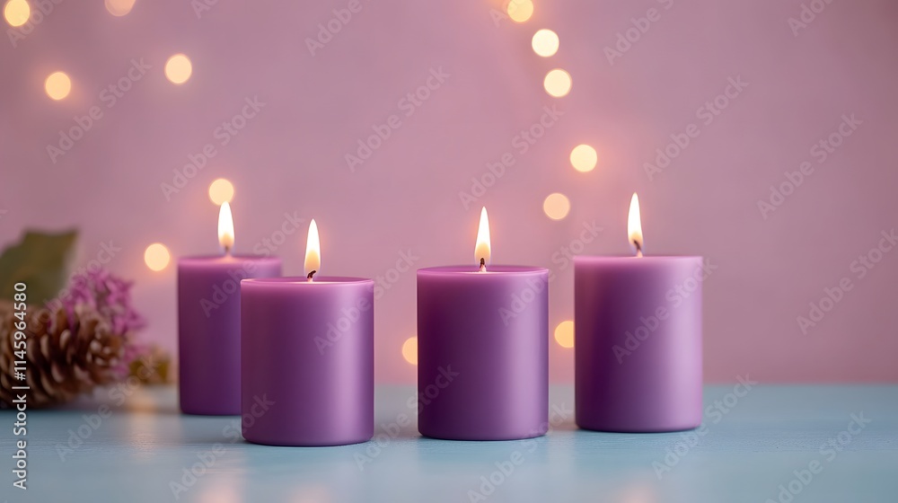 Four Purple Candles Lit Against A Pink Background Four Purple Candles Lit Against A Pink Background