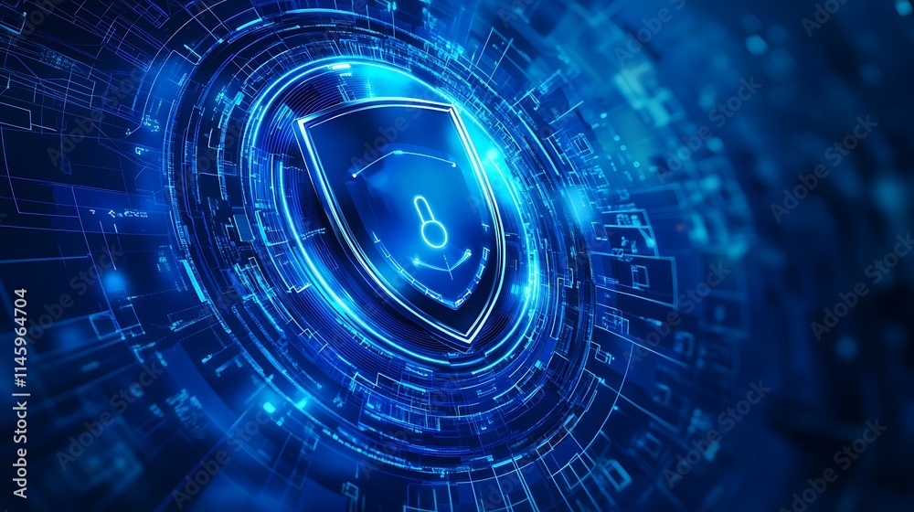 Futuristic Digital Shield Design with Lock Symbol for Cybersecurity in Abstract Technology Artwork Futuristic Digital Shield Design with Lock Symbol for Cybersecurity in Abstract Technology Artwork