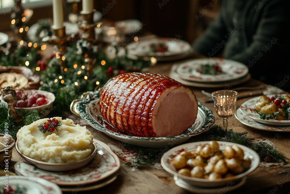 Generative AI Image of a Christmas Dinner Table Featuring Meat Meals, Roasted Potatoes, and Festive Side Dishes Generative AI Image of a Christmas Dinner Table Featuring Meat Meals, Roasted Potatoes, and Festive Side Dishes