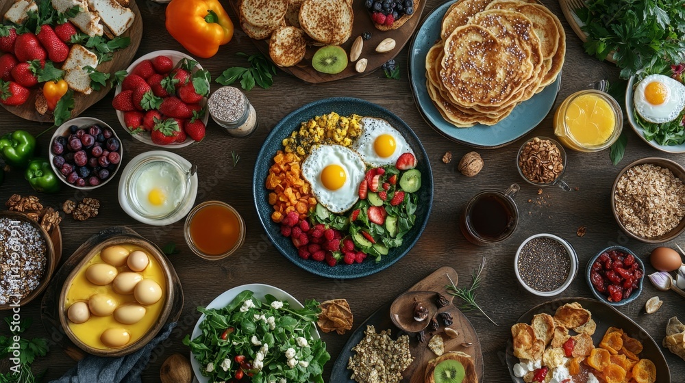 Brunch or breakfast concept featuring a delightful array of healthy brunch options including fried eggs, salad, pancakes, juice, coffee, granola, and dried fruits. A perfect brunch spread for any