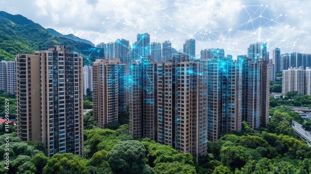 Fototapeta premium Aerial view of urban high-rises surrounded by greenery, showcasing a blend of nature and technology with digital overlays.
