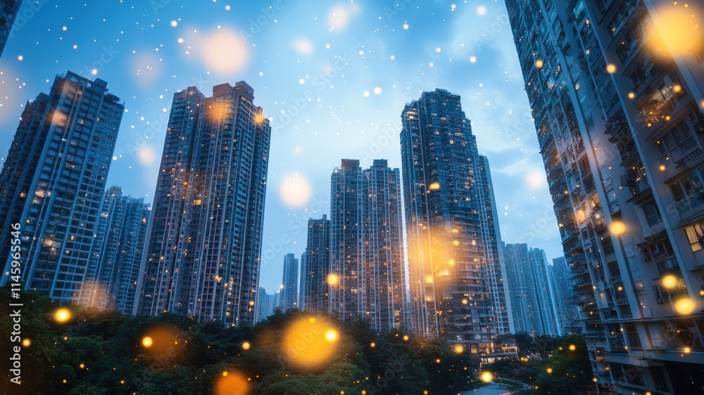 A vibrant city skyline at dusk, adorned with glowing lights amidst towering skyscrapers, creating a magical urban atmosphere. A vibrant city skyline at dusk, adorned with glowing lights amidst towering skyscrapers, creating a magical urban atmosphere.