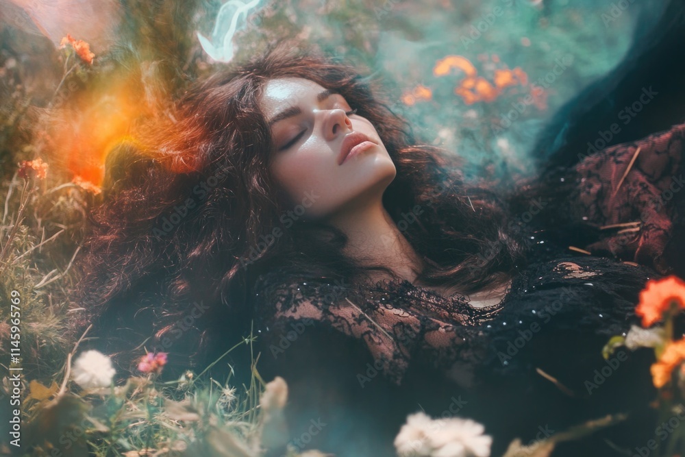 A woman lying down in a colorful flower field, ideal for relaxation or nature-inspired concepts