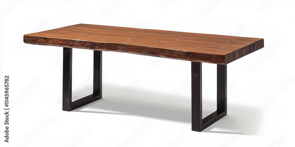 Fototapeta premium Solid wood dining table featuring a natural texture, complemented by sturdy iron legs, showcasing the perfect blend of style and functionality in your dining space. Solid wood dining table appeals to