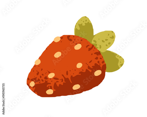 Strawberry, fresh red berry. Sweet ripe garden fruit with seeds, green leaf. ...