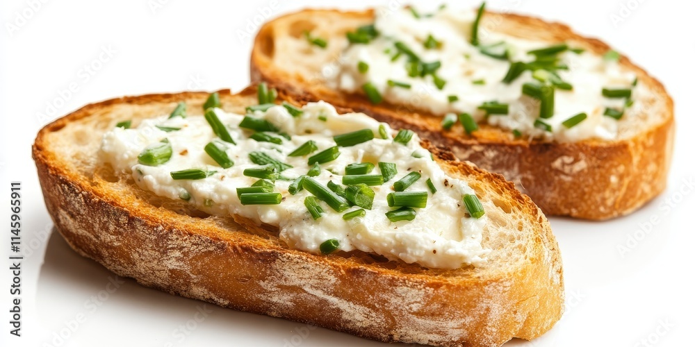 Roasted bread topped with creamy curd and chives, beautifully isolated on a white background, presents a delightful combination of flavors. Enjoy this roasted bread with curd for a tasty treat. Roasted bread topped with creamy curd and chives, beautifully isolated on a white background, presents a delightful combination of flavors. Enjoy this roasted bread with curd for a tasty treat.