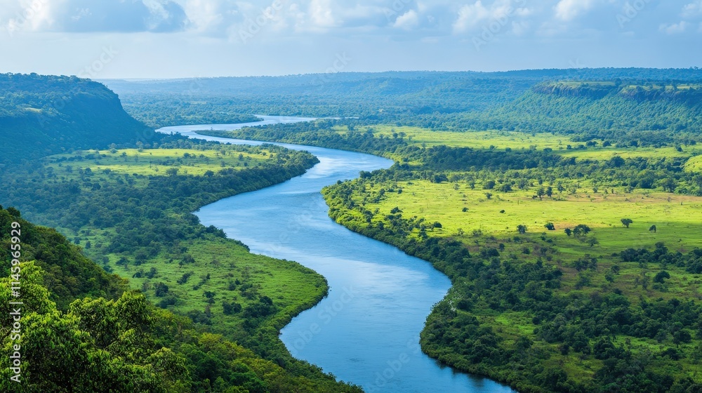 A wide, panoramic view of a healthy river running through a lush green valley A wide, panoramic view of a healthy river running through a lush green valley