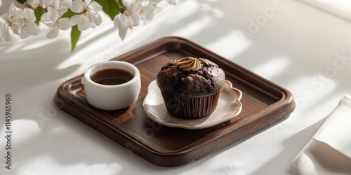 Espresso coffee served on a tray alongside a chocolate muffin, placed on a flower shaped chopping board with a sugar bowl, against a white background, complemented by a card featuring a smile.