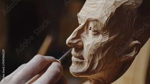 A wood carver crafting a lifelike wooden bust, using fine tools to create the smooth texture of skin and the subtle expression of the figures face