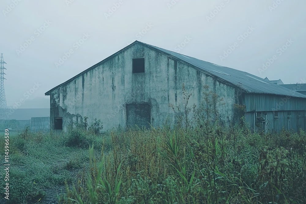 Misty scene of an abandoned building amidst overgrown grass Misty scene of an abandoned building amidst overgrown grass