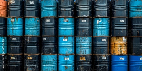 Stacked oil barrels and chemical drums, including containers filled with hydrocarbons, depict the hazardous waste of black and blue oil tanks in the industry. Oil barrels play a crucial role in