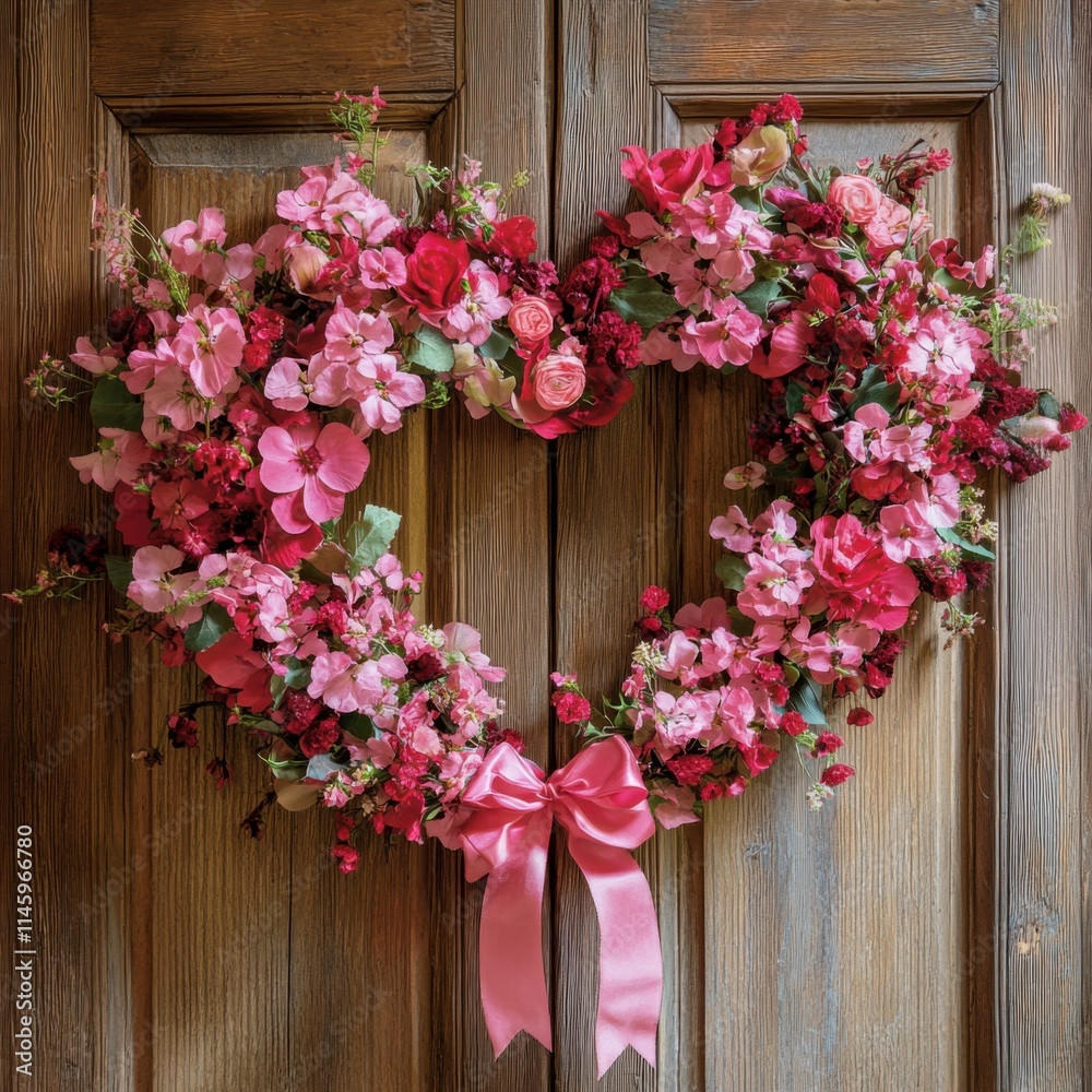 Fototapeta premium Heart-shaped floral wreath with pink and red flowers decorates rustic wooden door