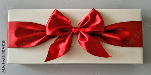 A beautifully wrapped gift box featuring a luxurious red silk bow. This is perfect for holiday gift wrapping as you get ready for the joyous festive season ahead. photo