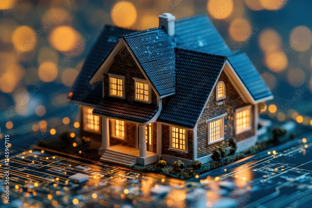 A miniature house model illuminated at night, set against a backdrop of glowing lights, symbolizing warmth and technology. A miniature house model illuminated at night, set against a backdrop of glowing lights, symbolizing warmth and technology.