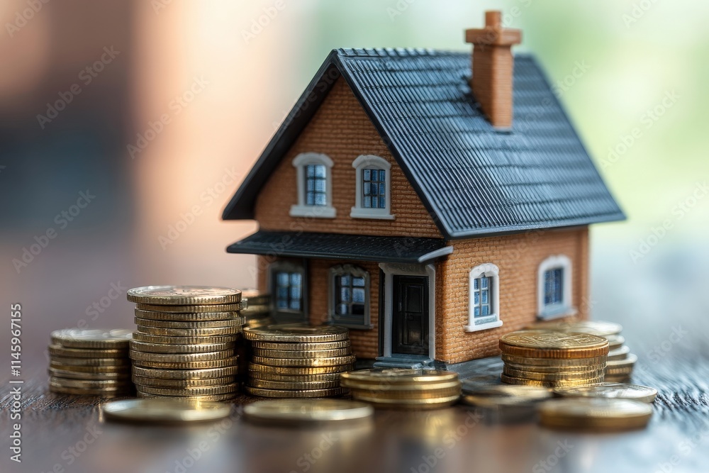 A miniature house surrounded by stacks of coins, symbolizing real estate investment and financial growth. A miniature house surrounded by stacks of coins, symbolizing real estate investment and financial growth.
