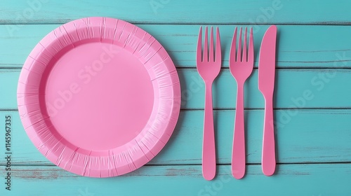 Pink paper plate set featuring a plastic spoon, fork, and knife, ideal for children s party design. This pink color paper plate creates a fun and cheerful atmosphere for any children s party. photo