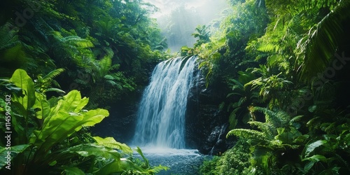 Stunning waterfall cascading through a lush rain forest, showcasing the beauty of nature with vibrant greenery and the tranquil sounds of flowing water at this picturesque rainforest waterfall.