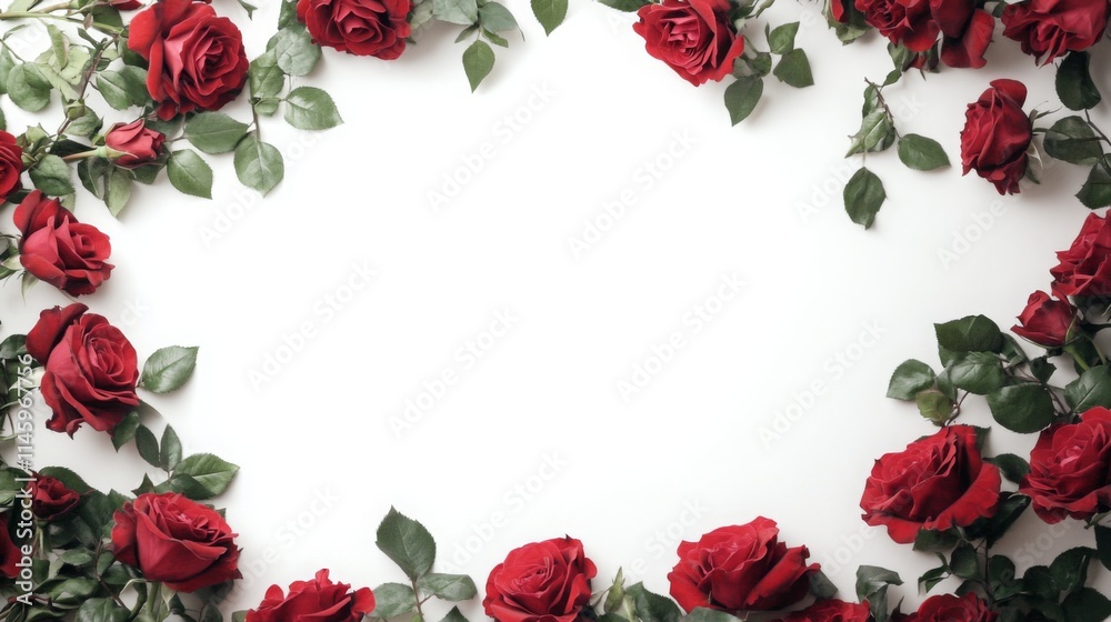 Red roses are beautifully arranged with green leaves surrounding an empty space. This layout creates a romantic and festive atmosphere, ideal for various events or special occasions.