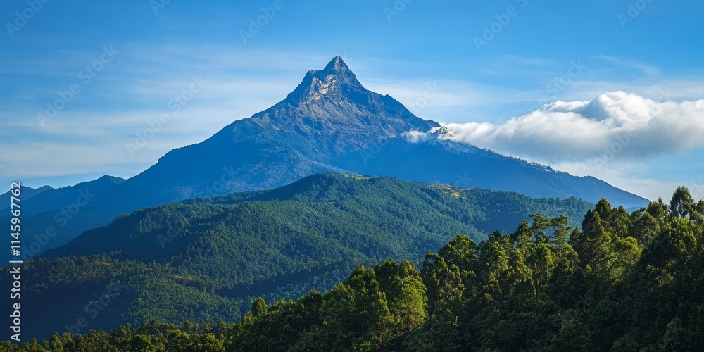Fototapeta premium The stunning peak of the mountain is visible from this vantage point, showcasing the majestic beauty of the mountain and its captivating surroundings. Experience the mountain s grandeur from here.