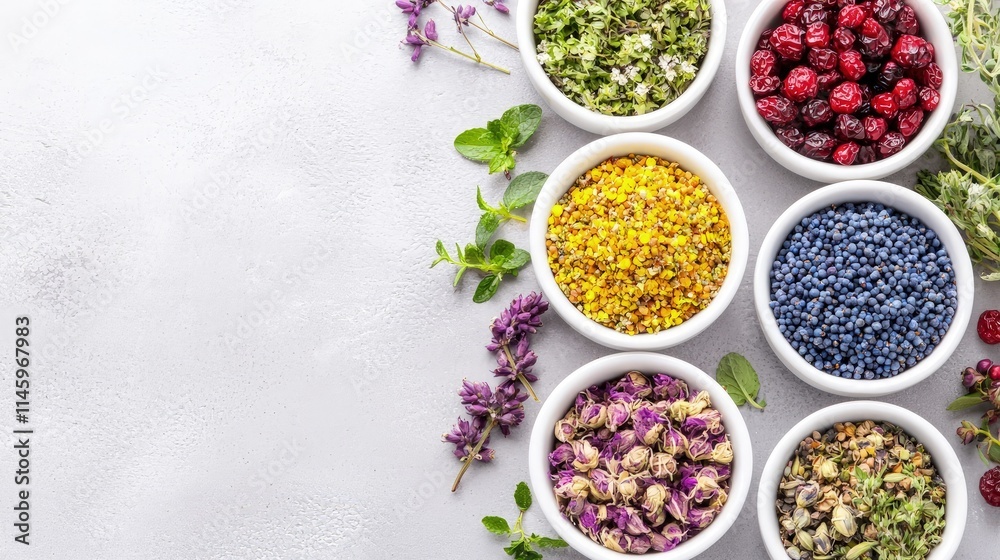 Colorful herbs and berries in bowls. Colorful herbs and berries in bowls.