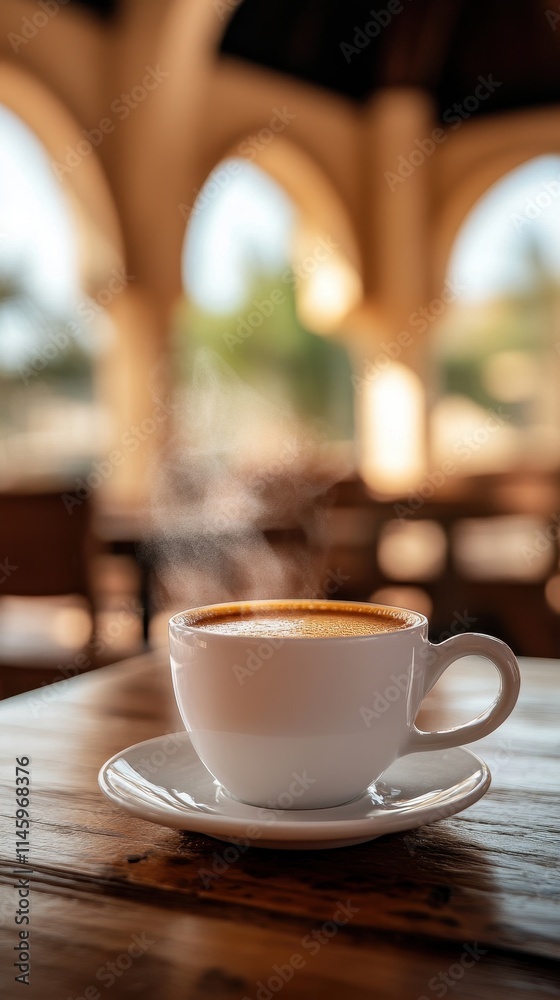 Fototapeta premium Aromatic Coffee Steam in a Cozy Outdoor Cafe