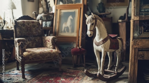 An antique rocking horse with worn paint and a creaky wooden frame, sitting next to a vintage armchair in a cozy room filled with heirlooms and timeless treasures photo