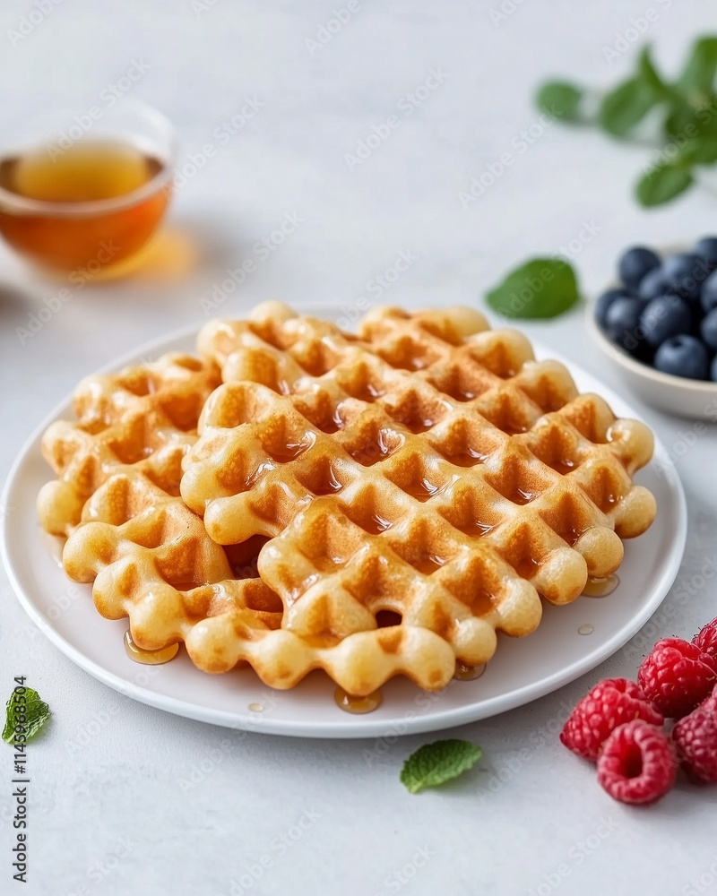 Freshly baked Liege waffles on a white ceramic plate, golden crust, minimalist style with a drop of syrup and fresh berries Freshly baked Liege waffles on a white ceramic plate, golden crust, minimalist style with a drop of syrup and fresh berries